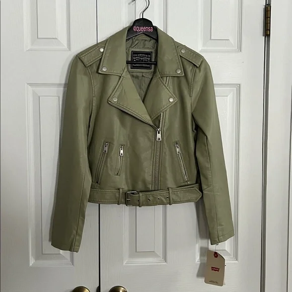 NWT Levi’s Faux Leather Belted Moto Jacket - Sage Green Size S - Picture 4 of 16